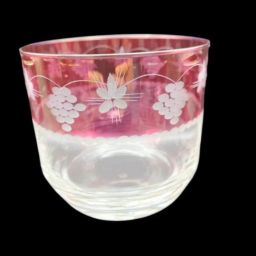 Vintage Red Flash Grape Glass Ice Bucket & 5 Old Fashioned Tumblers Set